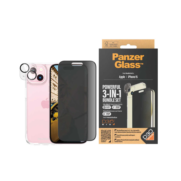 PanzerGlass™ iPhone 15 Privacy 3-in-1 Bundle Pack