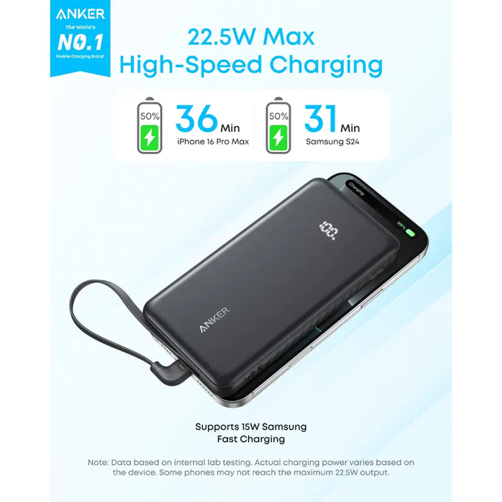 Anker Zolo Power Bank (10K, 22.5W, Built-In USB-C Cable), Black