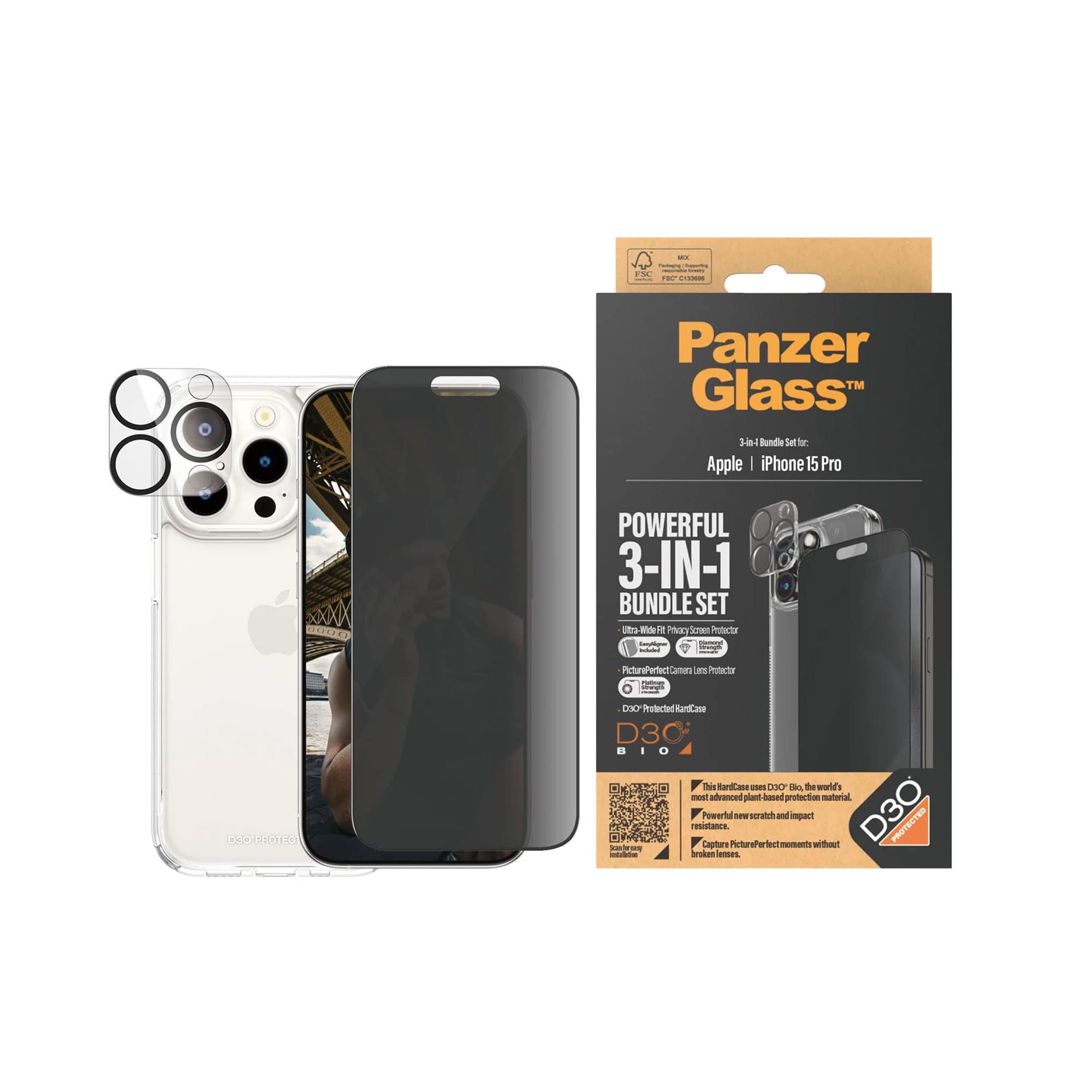 PanzerGlass™ iPhone 15 Pro Privacy 3-in-1 Bundle Pack – Three Accessories